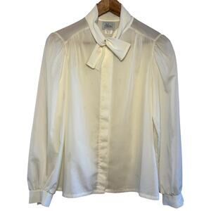 1980's Cream Alicia! Button Up Tie Neck Pouf Sleeve Size 10 Vintage Blouse